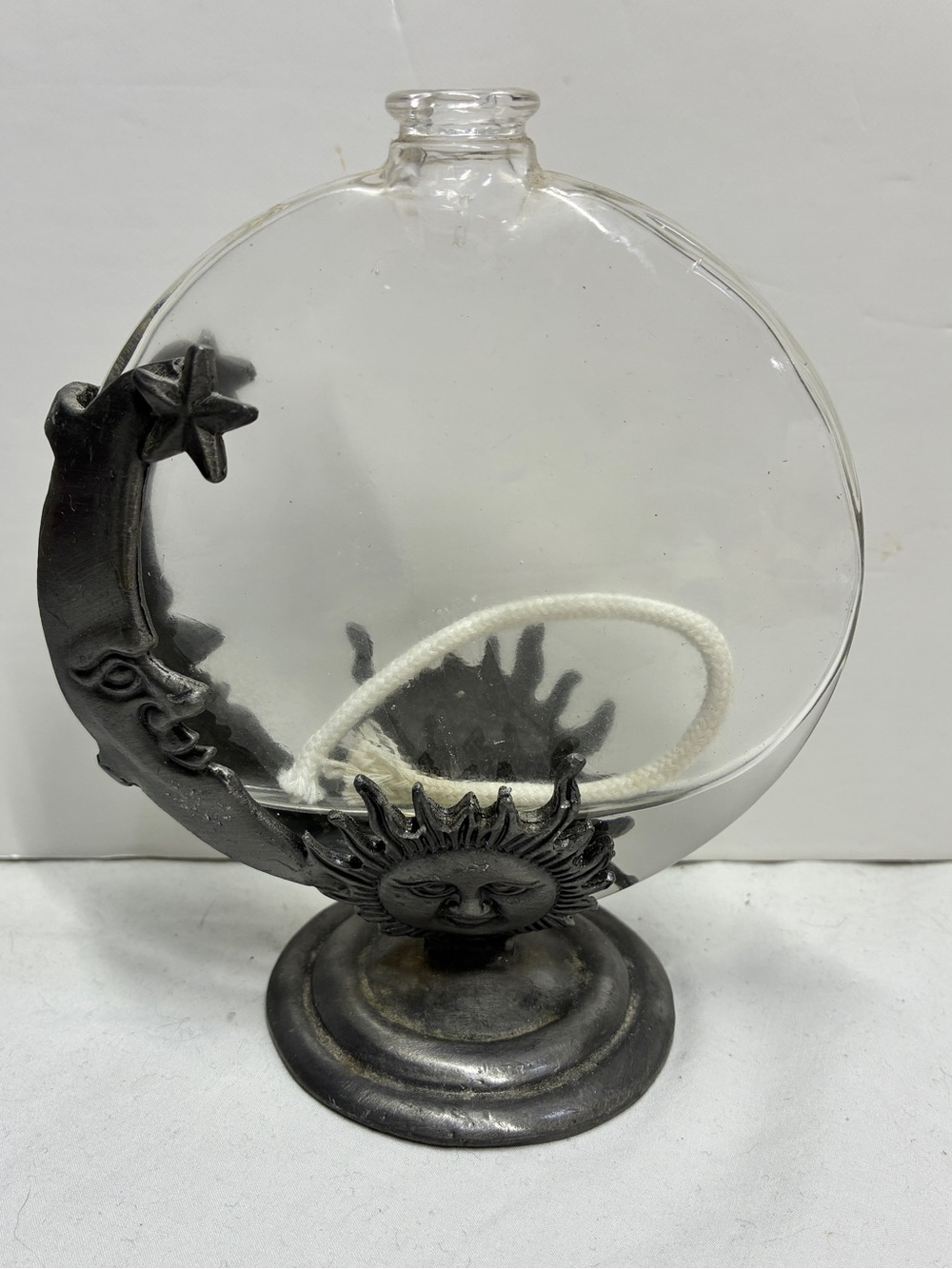 Vintage Sun & Moon Glass Orb Oil Lamp - Black Metal Base Pewter